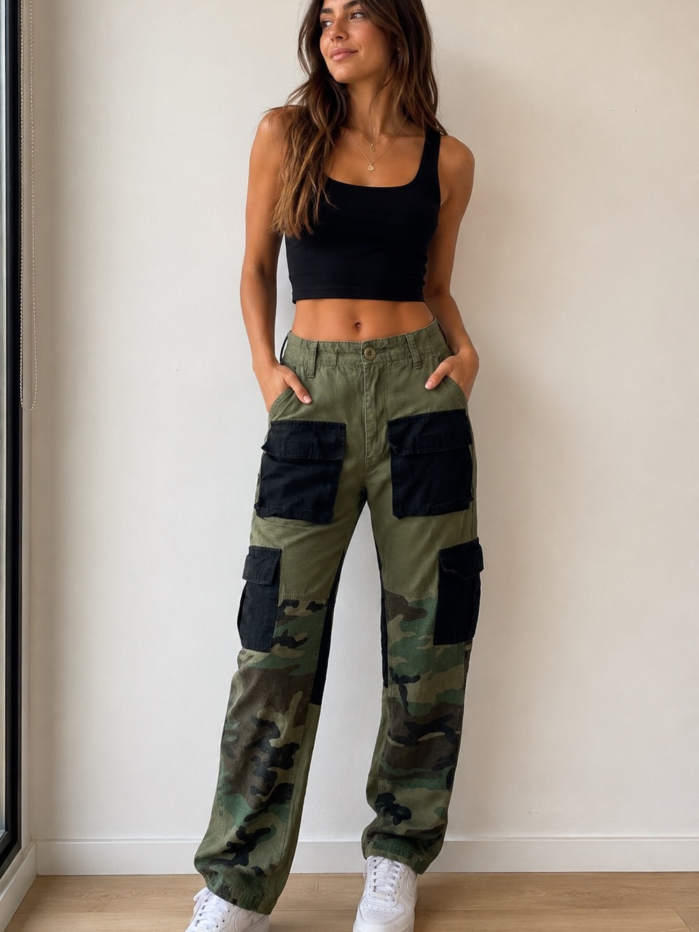 Women’s Camo Cargo Utility Pants Green Black Patchwork Streetwear